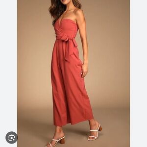Lulus Strapless Wrap Tie Waist Wide Leg Culotte Cropped Jumpsuit Size Large